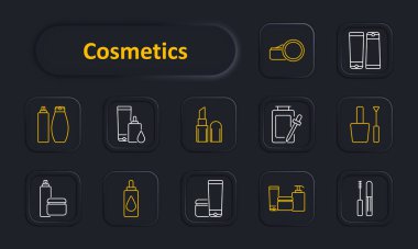 Kozmetik set simgesi. Şişeler, kavanozlar, kremler, makyaj fırçaları, rujlar, damlalar, cilt bakımı, losyon. Güzellik ve kişisel bakım ürünleri konsepti.