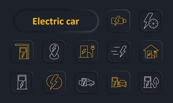 stock vector Electric car set icon. Charging station, battery, speed, home charger, eco-friendly, plug, leaf, energy. Sustainable transport concept. Vector line icon on dark background.