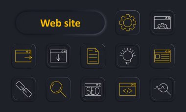 Web sitesi simgesi. Web sayfası, indirme, belge, ampul, tarayıcı penceresi, bağlantı, büyüteç, SEO, kodlama, analiz. İnternet, web geliştirme, dijital konsept.