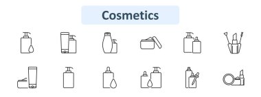 Kozmetik set simgesi. Losyon şişeleri, şampuan, krem kavanozu, makyaj fırçası, rimel, dudak parlatıcısı, kozmetik tüp, damla spreyi, sprey, pudra. Güzellik, cilt bakımı, makyaj malzemeleri, kişisel bakım