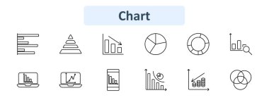 Grafik simgesi ayarlandı. Çubuk grafik, piramit, pasta grafiği, çizgi grafiği, donut grafiği, finansal rapor, dizüstü bilgisayar analitiği, mobil veriler, bozuk paralar, büyüme grafiği. Veri görselleştirme, istatistik, analiz kavramı.