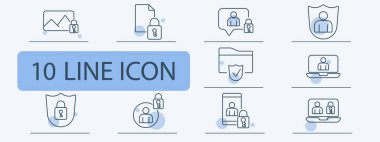 Güvenlik çizgisi simgeleri ayarlandı. Kilitli resim, belge, sohbet, klasör, kalkan, dizüstü bilgisayar, akıllı telefon. Mahremiyet, koruma, veri güvenliği kavramı