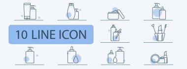 Kozmetik ürünleri ve güzellik ürünleri çizgisi simgeleri. Losyon, krem, damlatıcı, makyaj malzemeleri, sprey şişesi. Cilt bakımı, güzellik, kişisel bakım konsepti