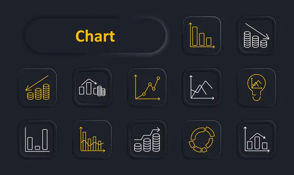 stock vector Chart set icon. Growing coins, declining coins, home with graph, line chart, lightbulb, bar chart, histogram, ring chart, scatter plot. Financial data, analytics, statistics, business concept.