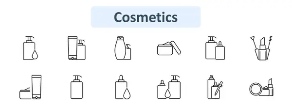 stock vector Cosmetics set icon. Lotion bottles, shampoo, cream jar, makeup brushes, mascara, lip gloss, cosmetic tube, dropper bottle, spray, compact powder. Beauty, skincare, makeup products, personal care