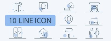 Ev ve emlak çizgisi simgeleri ayarlandı. Rozetli harita, ev konumu, ağaç, garaj, kanepe, asansör, yıldız evi, boya rulosu, çift. Mülk, konut, yaşam tarzı kavramı