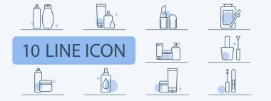 Kozmetik ve güzellik çizgisi simgeleri hazır. Şampuan şişesi, krem kavanozu, losyon pompası, makyaj malzemeleri, cilt bakımı, güzellik aletleri. Kişisel bakım, bakım, sağlık konsepti.