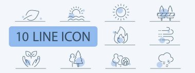 Doğa ve çevre çizgisi simgeleri ayarlandı. Yaprak, günbatımı, güneş, bank, rüzgar, bitki tutan eller, ağaç, ateş, kar. Ekoloji, koruma, açık hava konsepti