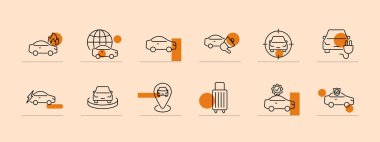 Araba servisi ve bakım hattı simgeleri ayarlandı. Araba tamiri, mobil servis, yıkama, küresel servis, rotasyon, arama, rota navigasyonu, filo, el arabası, araba temizleme, saat.