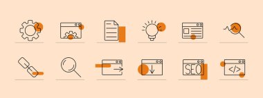 Web sitesi simgesi ayarlandı. Ayarlar takımı, tarayıcı penceresi, belge, ampul, web sayfası, üst bağlantı, arama, SEO, kodlama, analitik. Web geliştirme, SEO, internet kavramı.