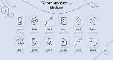 Tıp neomorfizm tarzı çizgi simgeleri ayarlandı. İlaç şişesi, eli çapraz, şırınga, sağlık raporu, damlatıcı, hap, kapsül, matara, mikroskop, termometre. Sağlık hizmetleri, tıbbi hizmetler kavramı