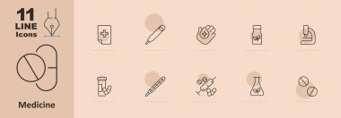 Tıp seti simgesi. İlaç, reçete, termometre, kan damlası, ilaç şişesi, mikroskop, şırınga, test tüpü, haplar. Sağlık ve tıbbi ekipman kavramı