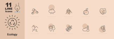 Ekoloji simgesi. Kiraz, yağmur bulutu, alevli dağ, elma, yaprak, dağ, lokasyon iğnesi, dal, güneş, sıcaklık. Çevresel koruma ve doğa kavramı