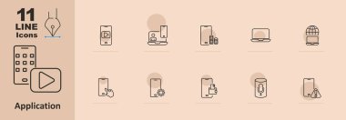 Uygulama simgesi. Çalma düğmeli cep telefonu, kişi, bozuk para, dizüstü bilgisayar, ayarlar, ödeme, hoparlör, alarm. Taşınabilir ve dijital kavram