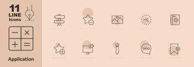 Uygulama simgesi. Hesap makinesi, artı, eksi, çarpma, bölme, yön, yıldız, galeri, güneş, kitap, kravat, megafon, mesaj, yer imi, arayüz, araçlar, mobil uygulama. Vektör satırı simgesi