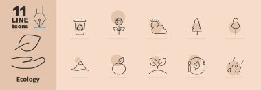 Ekoloji simgesi. Geri dönüşüm kutusu, çiçek, bulut, ağaç, dağ, elma, bitki, yiyecek, yağmur, doğa, çevre, sürdürülebilirlik, çevre dostu, yeşil, doğal, organik, koruma