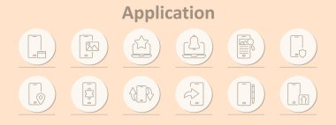 Uygulama simgeleri ayarlandı. Takvim, fotoğraf, yıldız, çan, mesaj, kalkan, konum, bulmaca, eşzamanlama, gönder, düzenle, yükle. Bej arkaplanda satır simgeleri