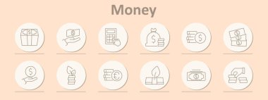 Para simgeleri ayarlandı. Cüzdan, banknot, sikkeler, hesap makinesi, el ele tutuşan para, para çantası, avro, yığınla para, yatırım, büyüme. Bej arkaplanda satır simgeleri