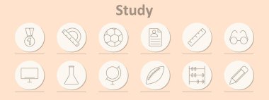 Çalışma simgeleri ayarlandı. Madalya, iletki, futbol topu, kimlik kartı, cetvel, gözlük, bilgisayar, matara, dünya, futbol, abaküs, kalem. Bej arkaplanda satır simgeleri