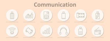 İletişim simgesi ayarlandı. Pil, şema, hoparlör, akü şarjı, film, sinyal, telefon, kablosuz ağ, kulaklık, radyo, cep telefonu, resepsiyon.