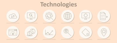 Teknolojiler ikon oluşturdu. Bulut, monitör, vites, dünya, belge, kodlama, SEO, grafik, büyüteç, konum, yıldız, arayüz.