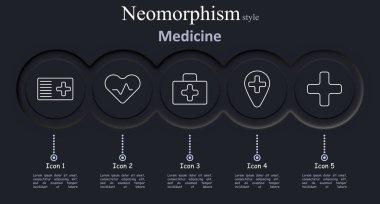 Tıp seti simgesi. Sağlık kartı, kalp hızı, ilk yardım çantası, konum, geçiş, sağlık, sağlık, acil durum, tedavi, sağlık, hastane, bakım.