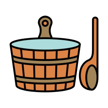 Sauna kovası ve kepçe çizgisi ikonu. Tahta, kova, sauna, kepçe, su, spa, banyo, rahatlama, refah, ekipman, geleneksel, kol, buhar, hamam, hijyen, temizlik, temizlik, sağlık, terapi, sıcak,