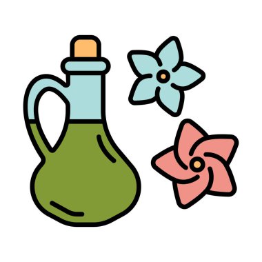 Aromaterapi yağ çizgisi ikonu. Temel, çiçek, rahatlama, masaj, terapi, sağlık, parfüm, doğal, organik, koku, sağlık, spa, cilt bakımı, güzellik, bütünsel, sakin, stres giderici, şişe, bitkisel