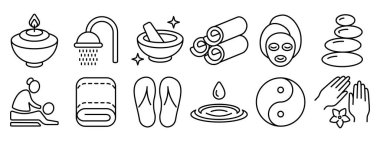 Refah simgesi belirlendi. Aromaterapi, duş, kase, havlu, yüz maskesi, taşlar, masaj, havlu, parmak arası terlik, su damlası, yin-yang, eller, meditasyon.