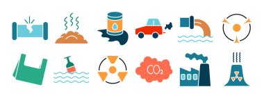 Kirlilik simgesi. Çevresel hasar, hava kirliliği, su kirliliği, radyoaktif atık, plastik atık, CO2 emisyonu, fabrika kirliliği, atık yönetimi.