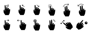 Jest seti simgesi. Kaydır, hafifçe vur, döndür, çimdikle, yakınlaştır, kaydır, hareket, dokunmatik ekran, etkileşim, kullanıcı arayüzü, el hareketi, çoklu dokunuş, hareket, kaydır, çimdikle, kontrol