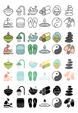 Refah simgesi belirlendi. Mum, duş, kase, havlu, parmak arası terlikler, su damlası, yüz maskesi, yin yang, eller, masaj, spa, rahatlama, aromaterapi, meditasyon, sağIık, cilt bakımı, zen, spa günü.
