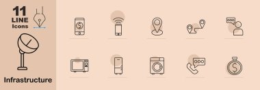 Altyapı simgesi ayarlandı. Mobil bankacılık, wifi, GPS, chat, mikrodalga, buzdolabı, çamaşır makinesi, telefon, zamanlayıcı, iletişim, teknoloji, akıllı ev aletleri, navigasyon, bağlantı