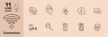 Bağlantı simgesi. Para birimi değişimi, telefon görüşmesi, tıklama, bilgi, sohbet, oyun, arama, cep telefonu, hoparlör, kalkan, teknoloji, etkileşim, dijital, finans, işlem, çevrimiçi, multimedya