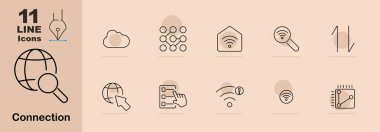 Bağlantı simgesi. Bulut, ağ, ev, arama, kontrol listesi, wifi, alarm, aygıt, teknoloji, çevrimiçi, dijital, iletişim, internet, veri, izleme, küresel, ev, kablosuz, bilgi, web