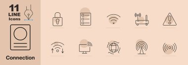 Bağlantı simgesi. Kilit, kontrol listesi, kablosuz ağ, yönlendirici, uyarı, wifi sinyali, yükleme, monitör, dünya, anten, teknoloji, güvenlik, internet, ağ, dijital, çevrimiçi, veri, kablosuz, alarm, web