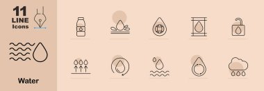 Su ikonları hazır. Su dalgası, şişe, su damlası, küre, döngü, damlacıklar, dalgalar, yağmur bulutu. Doğrusal su çizimleri.