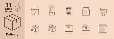 Teslimat simgeleri ayarlandı. Barkodlu bir kutu, içinde yıldız, teslimat sepeti, mühürlü paket, işaretli paket, açık paket, bilgisayarda paket simgesi. Doğrusal dağıtım çizimleri