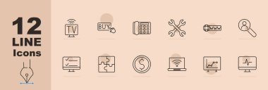 Çevrimiçi servis simgesi ayarlandı. TV, satın alma düğmesi, telefon, araçlar, www globe, arama, istatistik, bulmaca, para, wifi, grafik, kalp atışı monitörlü laptop