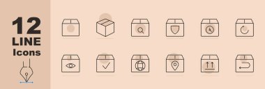 Teslimat servis simgesi. Paketler, büyüteç, kalkan, saat, döngü oku, göz, kontrol işareti, dünya, konum iğnesi, yukarı doğru oklar, dönüş oku.