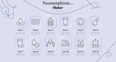 Su ikonu neomorfizm tarzında ayarlandı. Su damlası, dalgalar, su şişesi, cam, geri dönüşüm damlası, damlacıklar, su akışı, buharlaşma, vektör çizgisi sanatı, çevre, semboller