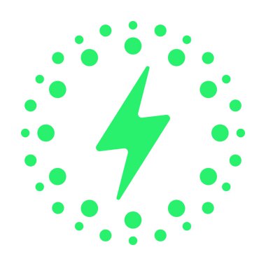 Şarj işareti. Yıldırım etrafında noktalar. Elektrik, yeşil enerji, çevre dostu, ekoloji, şarj edilebilir enerji, güç kaynağı, pil biriktirici, elektrikli araba istasyonu, hızlı şarj, turbo, temiz çevre