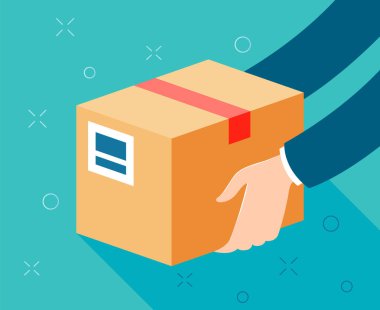 Birinin elinde bir karton kutu. Kurye, sipariş teslimatı, paket, kargo, çevrimiçi alışveriş, bürokrasi, posta servisi, terminal, gönderen ve alıcı verisi olan etiket, postane,
