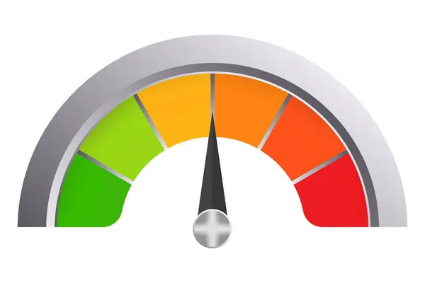 stock vector Multi colored scale in metal frame. Measure, measurement, arrow, data transfer rate, speedometer, middle, temperature, thermometer, medical, engineering device, health monitoring, green, orange, red