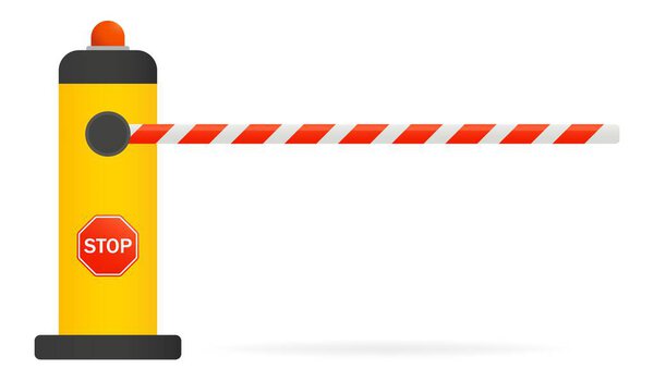 Красно-белый барьер на желтой стойке с красным светом и знаком "Стоп". Checkpoint, Restribution entrance, closed access, private parking for official transport, paid, parking parking, document check. Вектор