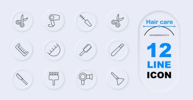 Saç bakım seti ikonu. Makas, saç kurutma makinesi, rimel, tarak, saç fırçası, yuvarlak fırça, elektrikli fırça, saç maşası, saç kurutma makinesi, düzleştirici, jilet, saç aletleri. Kuaför aletleri, kuaför aletleri