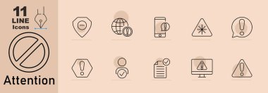 Dikkat ikonu. Yasak işaret, konum alarmı, ünlemli dünya, mobil alarm, üçgen alarmı, konuşma alarmı, ünlem işareti, kontrol listesi onaylandı, belge alarmı, uyarı, altıgen uyarısı