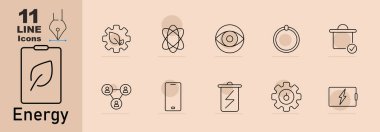 Enerji set simgesi. Panodaki yaprak, eko teçhizat, atom, enerji gözü, güneş paneli, ağ, pilli akıllı telefon, akü şarjı, cıvatalı teçhizat, güç bankası