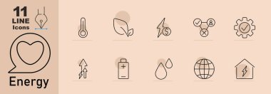 Enerji set simgesi. Panodaki yaprak, eko teçhizat, atom, enerji gözü, güneş paneli, ağ, pilli akıllı telefon, akü şarjı, cıvatalı teçhizat, güç bankası.