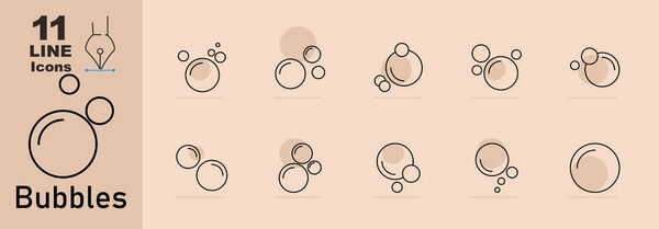 Bubbles set icon. Different sizes of bubbles in clusters and individual formations, overlapping circles, varying bubble arrangements.